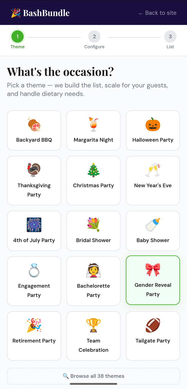 Step 1 — pick a party theme from the BashBundle theme grid