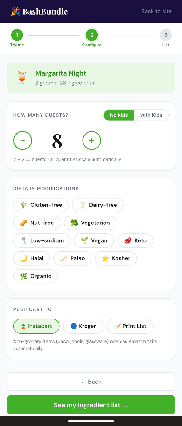 Step 2 — set guest count and dietary needs, with Instacart selected as the cart destination