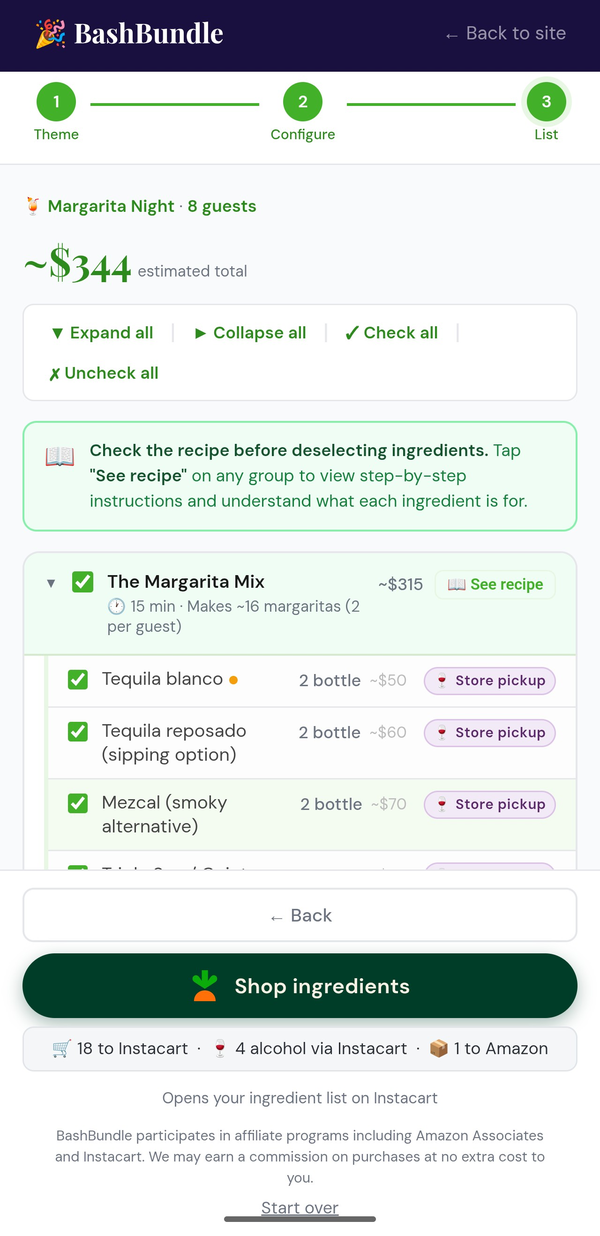 Step 3 — review the scaled ingredient list and send it to your Instacart cart
